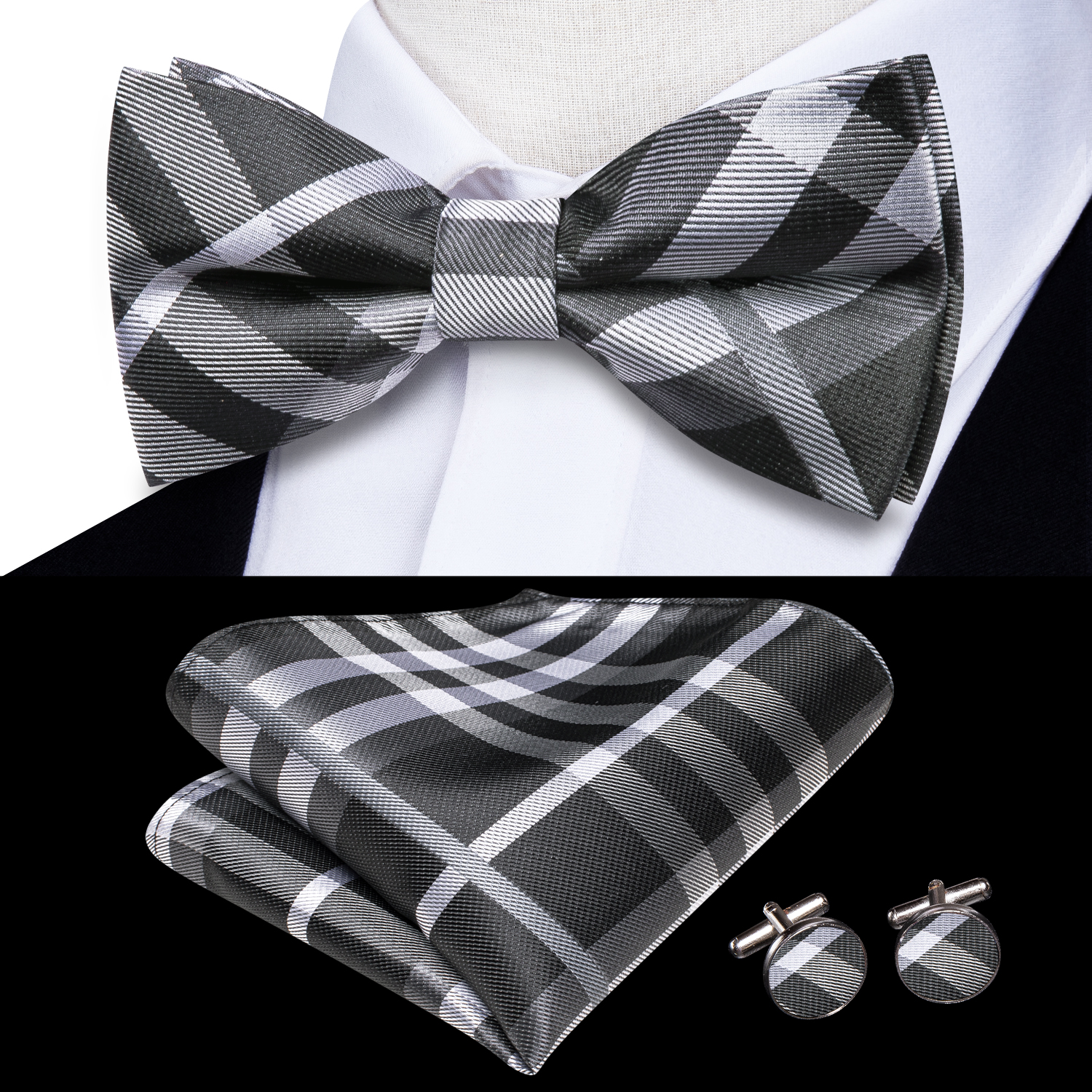 Hi-Tie Grey Plaid Jacquard Pre - Bow Tie Pre Tied 리뷰 및 가격